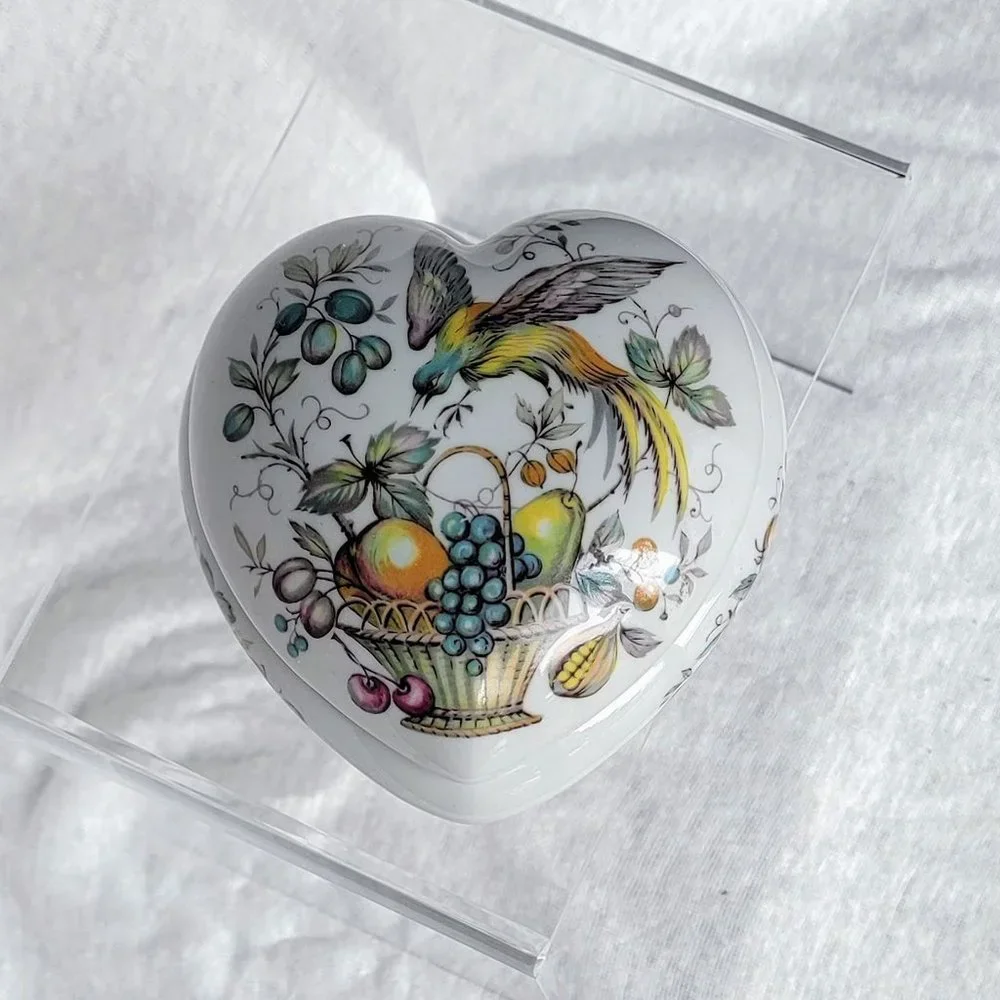 RARE Vintage Porcelain Heart Shaped Trinket Box Limoges France bird basket fruit